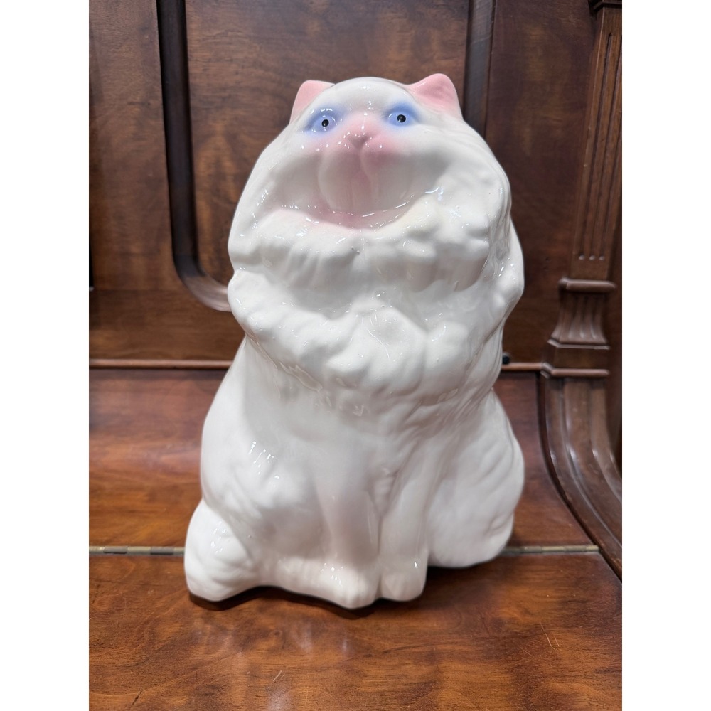 Vintage Ceramic Persian Cat Figurine White Pink Blue Eyes 11.5 Inch Statuette